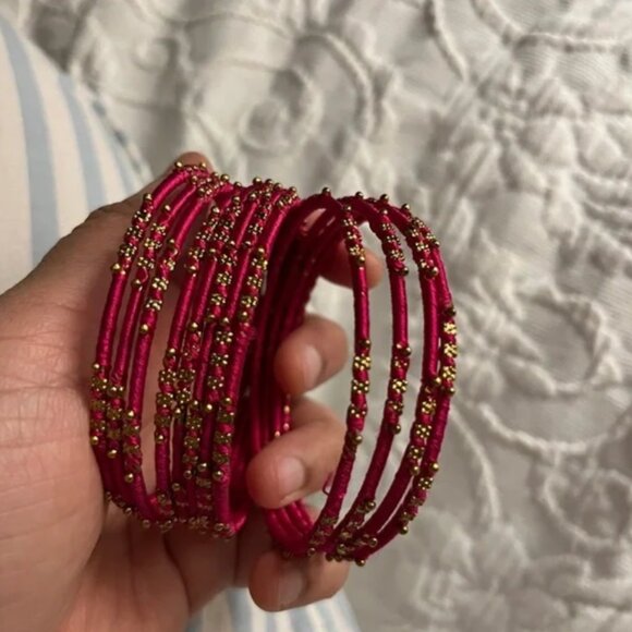hot pink rani pink and gold silk thread bangle set Desi Wedding haldi - Picture 11 of 12